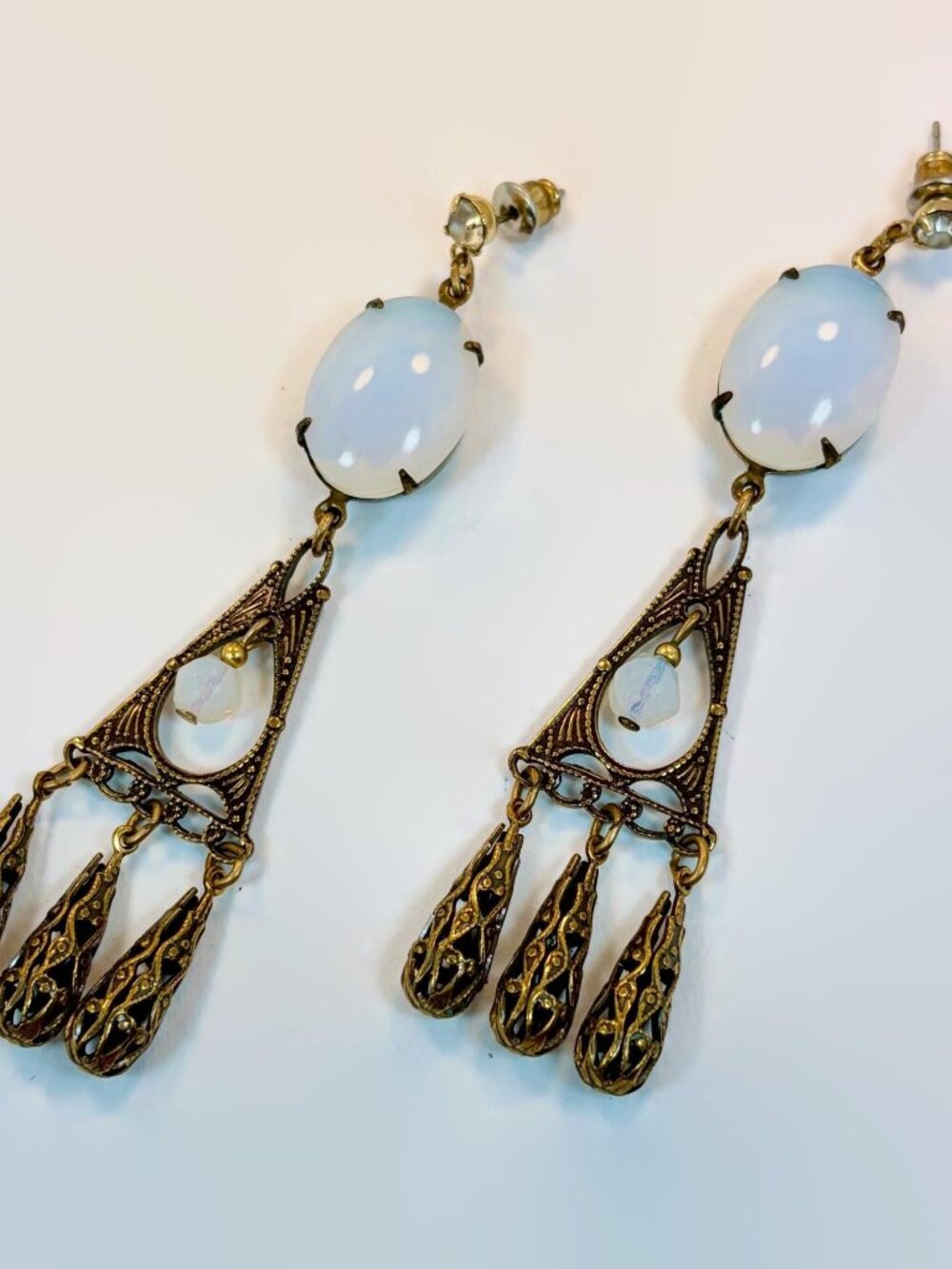 Opalite Earrings, Vintage, Art Deco, Bohemian, Glass, Brass, Pierced, Boho